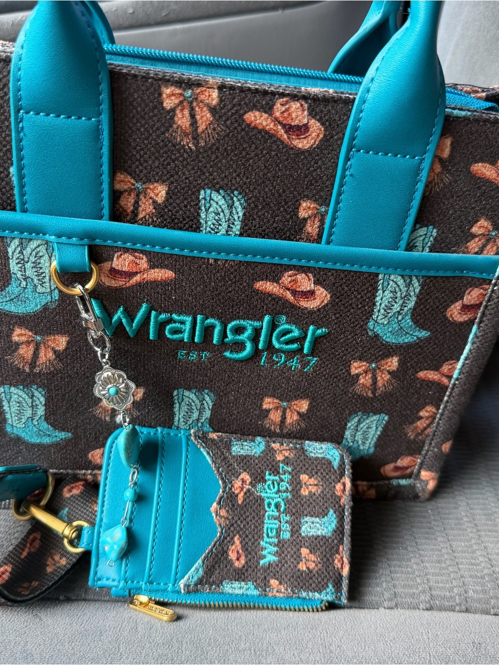 Wrangler Turquoise and Brown Western Print Tote